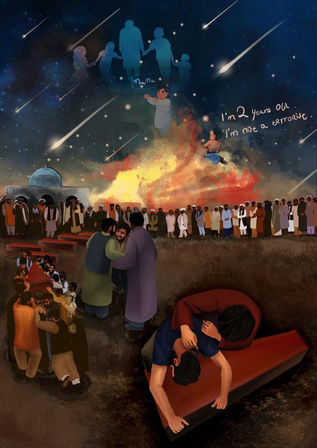 趙立堅於記者會上展示之《兩歲「恐怖分子」的葬禮》漫畫。   圖：翻攝自環球網