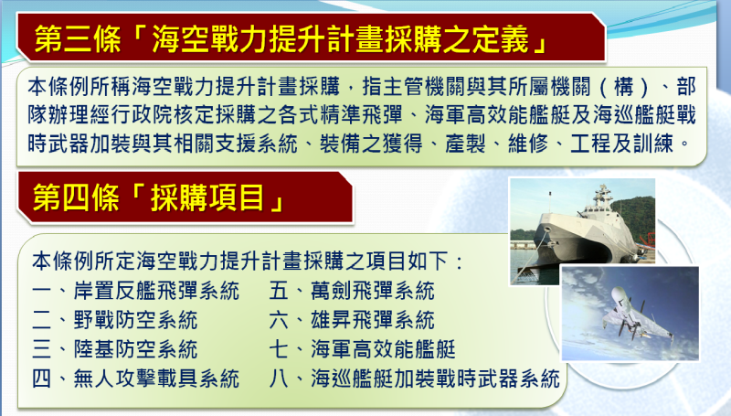 海空戰力提升計畫採購的定義和8項採購項目。   圖：國防部提供