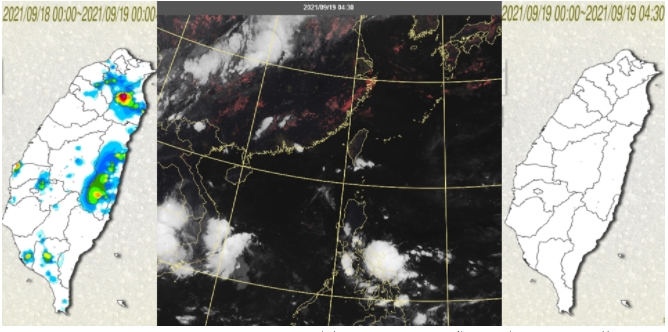 昨(18日)午後仍有局部性強對流發展(左圖)。今(19日)晨真實色雲圖(中圖)顯示，南海及菲律賓東方各有熱帶雲簇，結構仍鬆散，東南部海面及巴士海峽有一些雲層。台灣天氣晴朗無雨(右圖)。   圖/「三立準氣象· 老大洩天機」