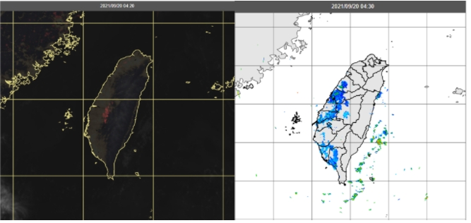 今晨4:20真實色雲圖顯示，台灣各地晴朗無雲(左圖)，4：30雷達回波合成圖(右圖)顯示，台灣西半部因清晨大氣穩定而產生的「假波」(非降水回波)。   圖/「三立準氣象．老大洩天機」專欄