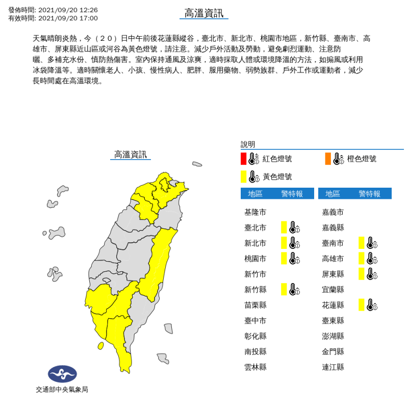 氣象局對北北桃、新竹、南高屏及花蓮發布高溫特報。   圖：中央氣象局/提供
