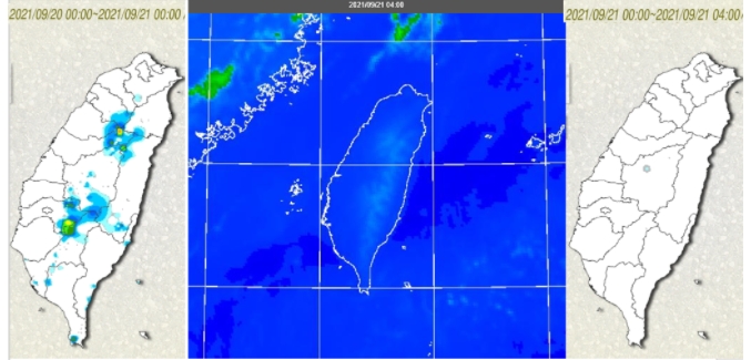 昨(20)日午後仍有局部性對流發展，主要在山區(左圖)。今(21)晨4時紅外線色調強化雲圖顯示，台灣晴朗無雲(中圖)，各地無降雨(右圖)。   圖/「三立準氣象．老大洩天機」