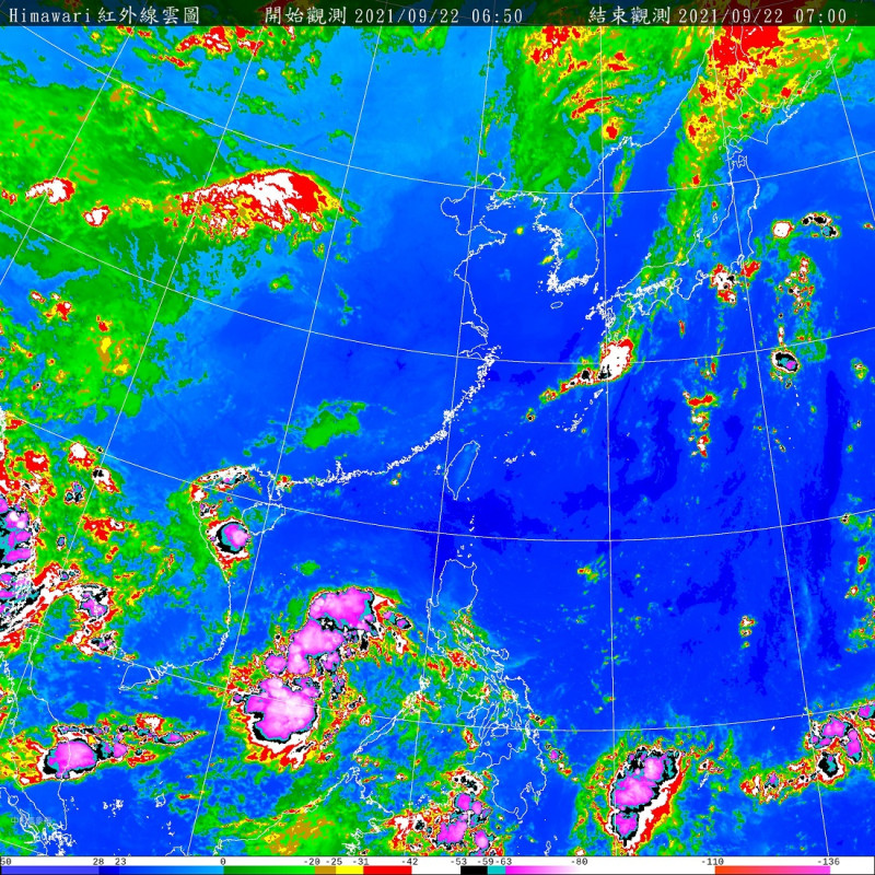琉球南方海面有高氣壓近似滯留，今、明（23日）2天，全國各地以及離島金門，大多為多雲到晴，午後有局部短暫雷陣雨的天氣型態。   圖：中央氣象局/提供