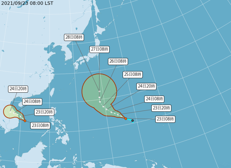 太平洋地區目前有2個熱帶低壓，氣象局預估1-2天內有可能增強為颱風。   圖：中央氣象局／提供