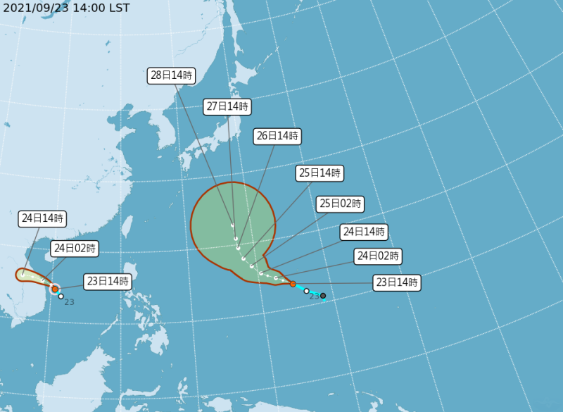 氣象局表示，電母颱風(左)將朝著中南半島前進。   圖：中央氣象局／提供