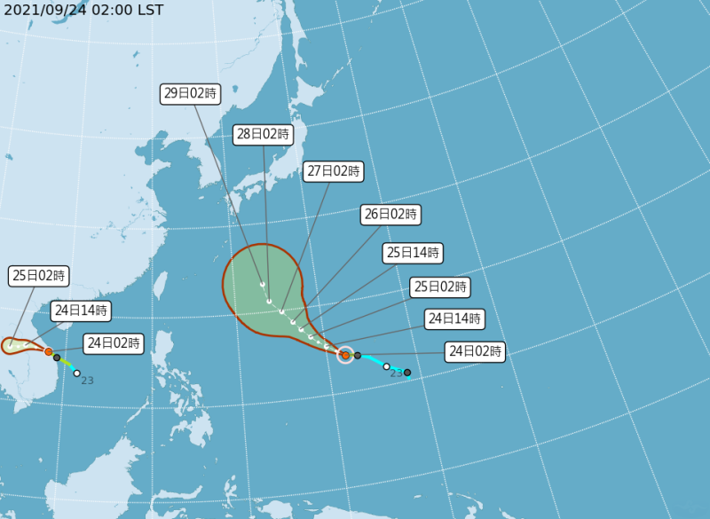 目前在太平洋地區有2個颱風，一個是在台灣東南側的輕颱「蒲公英」，一　個在越南附近的輕颱「電母」，對台灣暫時都沒有影響。   圖：中央氣象局/提供