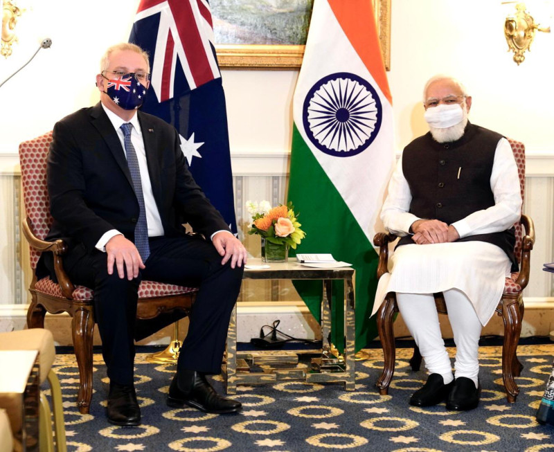 澳洲總理莫里森（左）也事先前往美國華府，與印度總理莫迪先行碰面。   圖：翻攝自印度總理辦公室推特