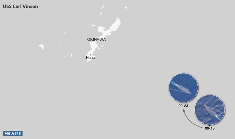 中國智庫「南海戰略態勢感知計劃」平台曝露「卡爾文森號(CVN-70)」航母則被發現在沖繩外海駐留。   圖：翻攝SCS Probing Initiative推特