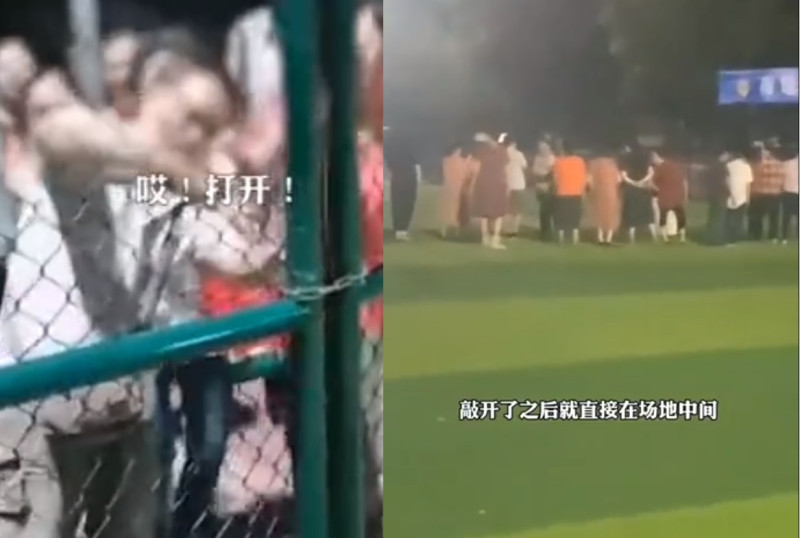 熱愛跳廣場舞的大媽大爺們強行闖進足球場打斷足球比賽。   圖:翻攝自微博