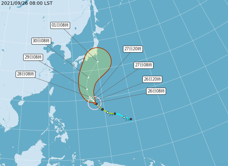 第16號颱風「蒲公英」轉強颱，朝向日本東南方海面移動。   圖：中央氣象局/提供