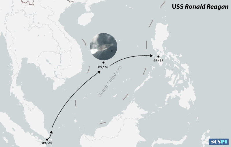 中國智庫「南海戰略態勢感知計劃」畫出「雷根號」航母近日在南海航行路線。 圖：翻攝 SCS Probing Initiative推特