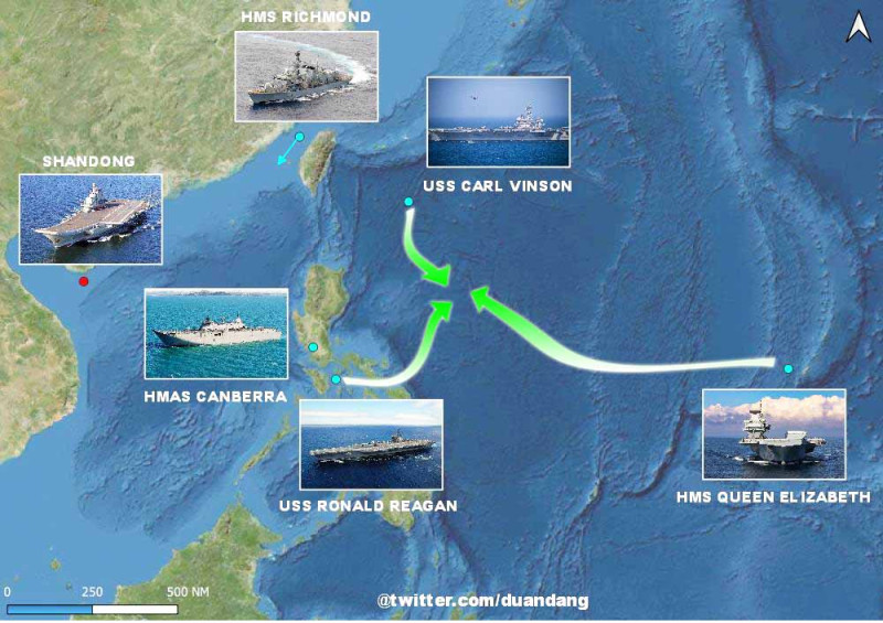 越南軍事記者段當繪製南海及西太平洋水域各國船艦動態。 圖：翻攝Duan Dang推特