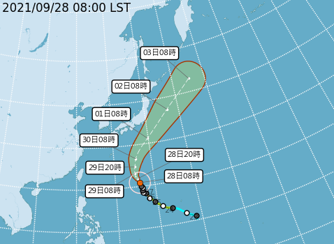 蒲公英颱風最新路徑潛勢圖。   圖：中央氣象局／提供