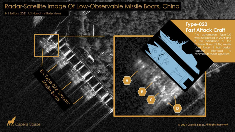 被中國官方譽為有「隱形」能力的「22型飛彈快艇」，在衛星照片中沒有任何縮小、隱形的效果。   圖：翻攝USNI官網