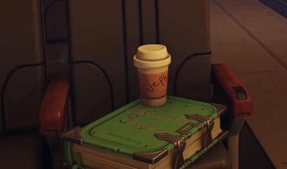 致敬星巴克事件的Jeph咖啡杯彩蛋。   圖：翻攝自GameSpot YouTube
