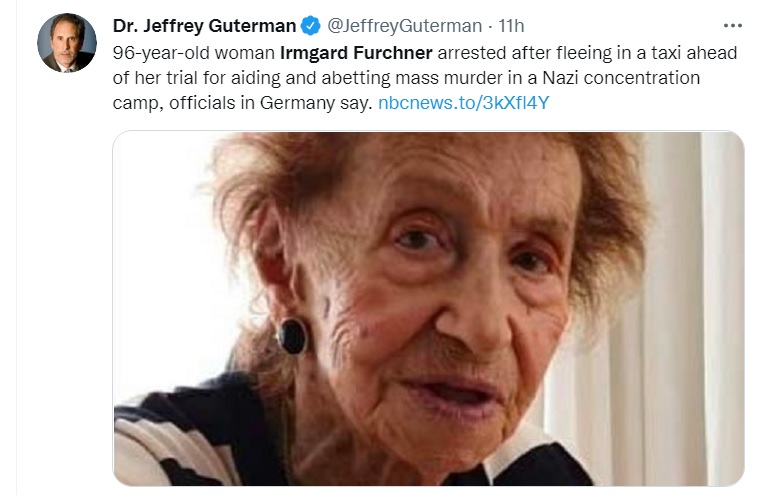德國96歲老婦人佛希納（圖）曾擔任施圖特霍夫納粹集中營秘書，被控謀殺上萬人，開庭前逃亡失敗。   圖：翻攝自Dr. Jeffrey Guterman推特