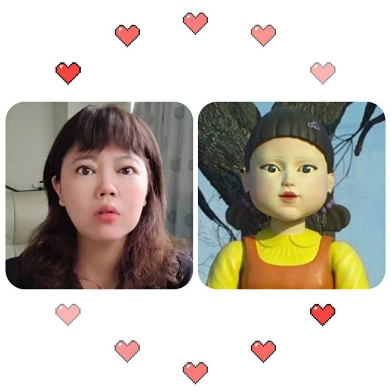 國民黨台北市議員游淑慧撞臉《魷魚遊戲》中的詭異娃娃。   圖：翻攝游淑慧臉書