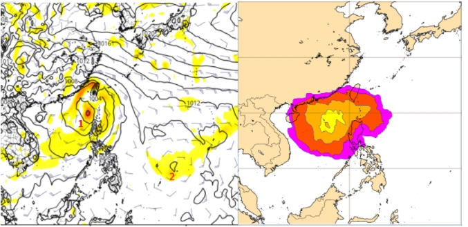 最新歐洲(ECMWF)模式模擬下週五20時預測圖(左圖)顯示，南海(左圖1)及菲律賓東方海面(左圖2)皆有熱帶擾動活動的跡象；歐洲系集模式，同一時間颱風分布機率圖(右圖)則顯示，機率最高處在南海，在台灣附近機率大約在5至20%之間。(左圖擷自tropical tidbits)   圖/「三立準氣象· 老大洩天機」專欄