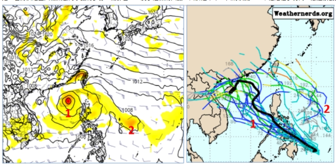 最新(2日20時)歐洲(ECMWF)模式模擬週六(9日)20時預測圖(左圖)顯示，南海(左圖1)及菲律賓東方海面(左圖2)皆有熱帶擾動活動的跡象。歐洲系集模式50次未來10天的模擬路徑(右圖)顯示，熱帶擾動穿過菲律賓、進入南海，與台灣相對距離或近或遠，有很大差距。   圖/「三立準氣象· 老大洩天機」 (擷自tropical tidbits & Weathernerds)