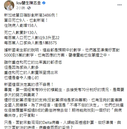 醫生淺談新國疫情現況。   圖：翻攝自Icu醫生陳志金臉書