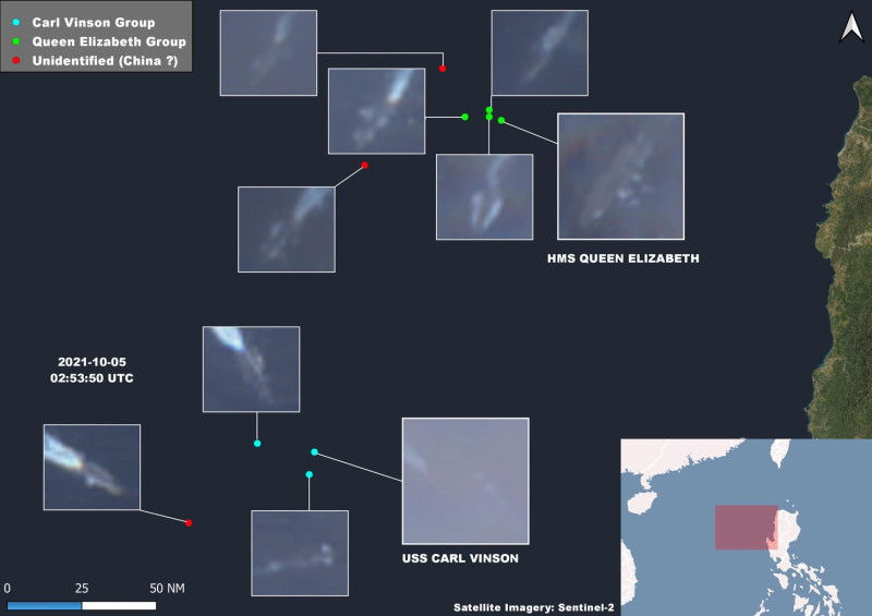 越南軍事記者段當解讀5日凌晨的衛星照片，指「伊麗莎白女王號」位於呂宋海峽以西，「卡爾文森號」則在有爭議的黃岩島以北，另有解放軍船艦混入多國聯合艦隊中進行監視。   圖：翻攝Duan Dang推特