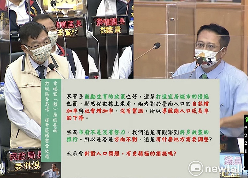 根據日前主計總處公布之數據，台南人口的自然增加率、社會增加率、人口總增加率三者皆為負成長，且在六都中排名倒數。台南市議員蔡旺詮今日質詢時呼籲市府成立相關小組應對少子化問題，市府的人口鼓勵政策也應該符合市民的需求。   圖：黃博郎／攝