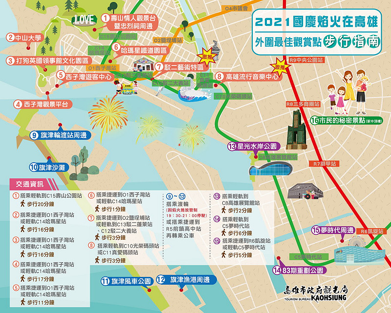 外圍最佳觀焰點步行路線圖。 圖:高雄市政府提供