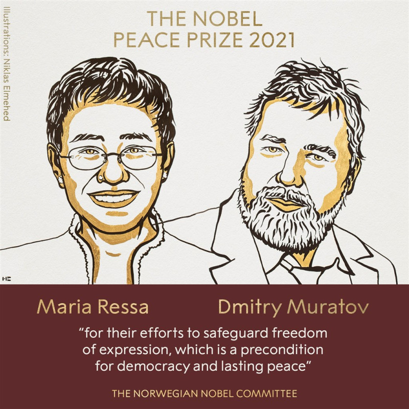 2021諾貝爾和平獎由菲律賓新聞網站Rappler執行長瑞薩（Maria Ressa）與俄羅斯獨立報「新報」（Novaya Gazeta）總編輯穆拉托夫（Dmitry Muratov）獲得。   圖:翻攝自諾貝爾獎推特