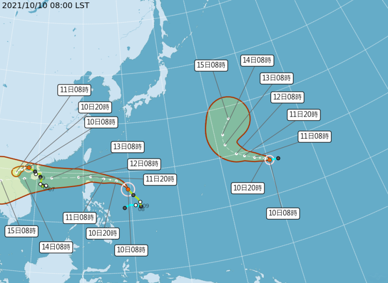 中央氣象局表示，目前在西北太平洋有三颱共存：為17號獅子山，18號圓規與19號南修，但獅子山和南修影響不大，針對圓規，預估今日晚間8時將發布海上颱風警報。   圖：氣象局/提供