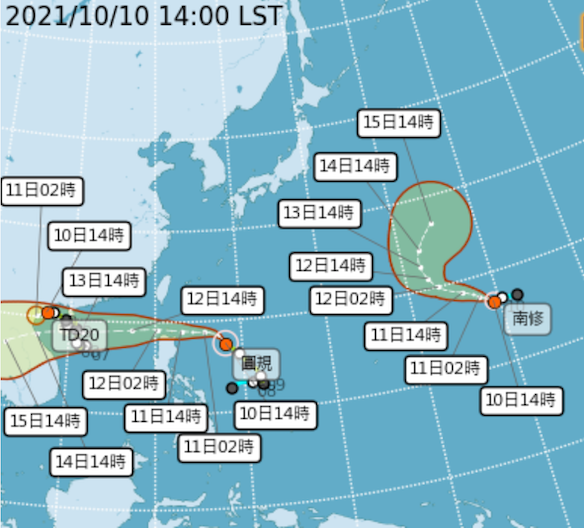 第19號颱風「南修」目前距離台灣東方約4000公里的海面上，預計朝日本東方海面移動，對台灣沒有影響；但氣象局表示，預報仍有不確定性，將密切監控。   圖：翻攝自氣象局