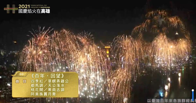 國慶焰火在高雄施放畫面。   圖：擷取自高雄市政府直播