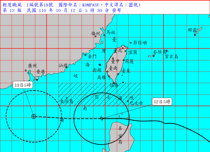 輕度颱風「圓規」雖然沒有登陸台灣，卻為部分地區帶來超大雨量，今天清晨它在鵝鑾鼻的南南西方約360公里海面上，持續朝西前進。   圖：中央氣象局/提供