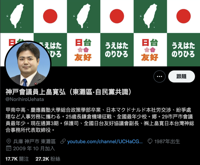 神戶市議員上畠寬弘推特首頁的圖片寫著「台日友好」，放上日本與台灣的圖樣。   圖：擷取自上畠寬弘推特