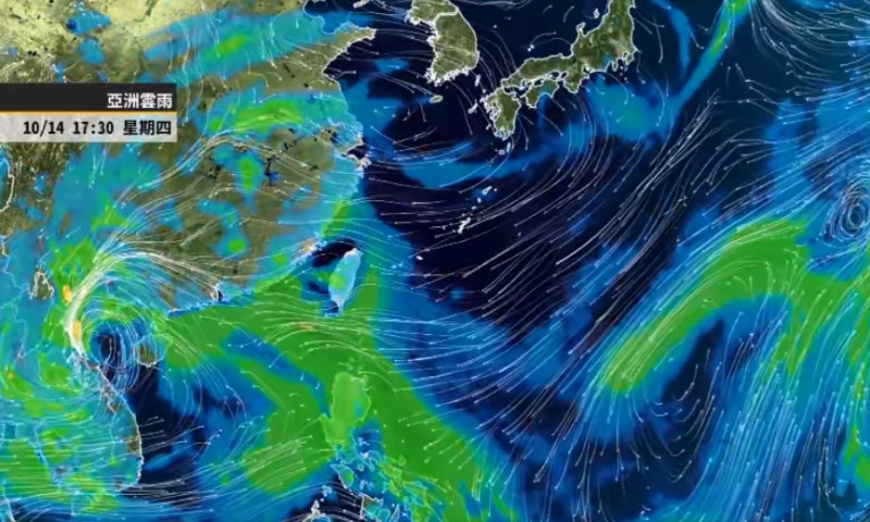 今日亞洲雲雨圖，可見台灣東部仍受到水氣持續影響。   圖：翻攝自彭啟明臉書