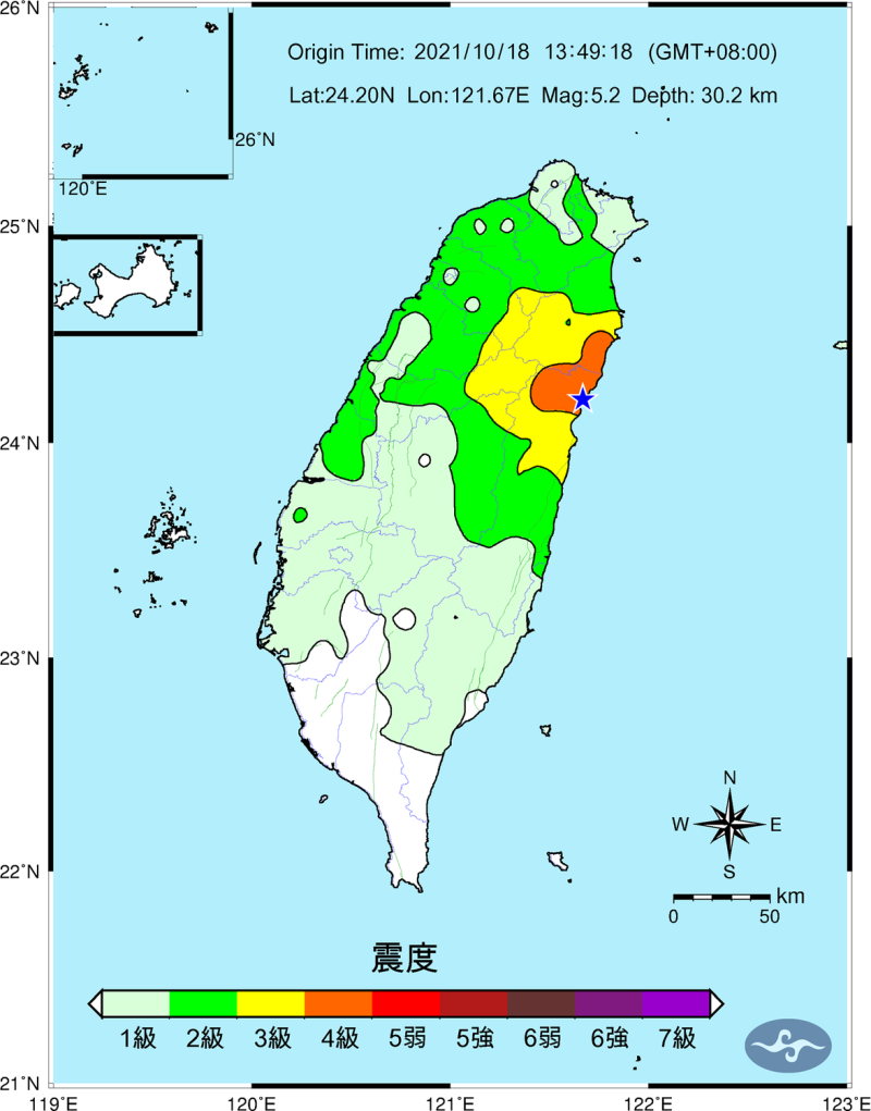 本次有感地震震央位於花蓮近海。   圖：氣象局／提供