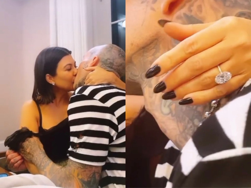 金卡戴珊在IG上分享了一段大姊和姊夫的熱吻影片，最後鏡頭更對焦到考特妮手上的大鑽戒。   圖：翻攝自IG