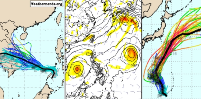 最新歐洲模式模擬顯示，菲律賓東方海面及南海皆有「熱帶系統」存在。系集模擬其路徑顯示，兩者離台皆甚遠，並無侵台機率。   圖/「三立準氣象．老大洩天機」(圖擷自weathernerds & tropical tidbits)