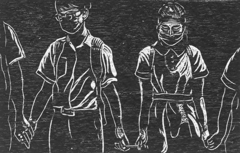 香港反送中運動版畫紀事作品。   圖：取自《少年，煙霧與傘》臉書