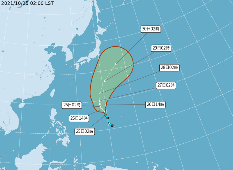 目前在關島西北西方海面的1個熱帶性低氣壓，有發展成颱風趨勢。   圖：中央氣象局/提供