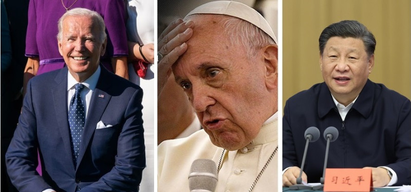 美國總統拜登（左圖起）可望在G20與教宗方濟各會晤，而教廷雖傾向與中國對話，但中方領導人習近平又施壓教廷對台外交，3方關係糾葛。   圖：翻攝自臉書/新頭殼合成
