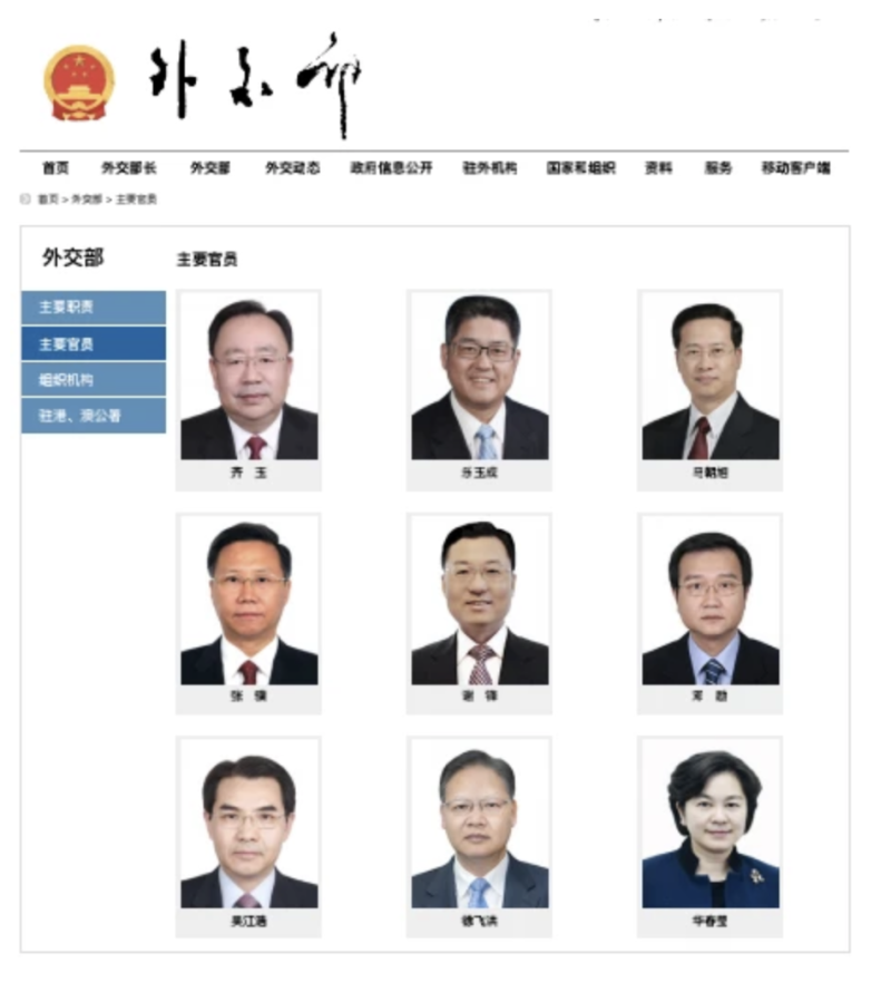 中共外交部主要官員列表。   圖：翻攝自騰訊網