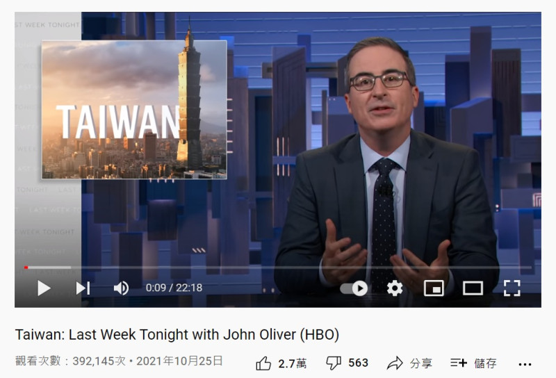 美國知名脫口秀節目Last Week Tonight今天(25日)在YouTube上傳影片「Taiwan: Last Week Tonight with John Oliver (HBO)」引發關注，主持人約翰·奧利佛(John Oliver)用一整集的節目時間介紹台灣。   圖：YouTube/LastWeekTonight影片截圖