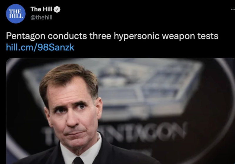 美國發布推文表示他們進行了三次的高超音速武器試驗。   圖 :  翻攝自youtube