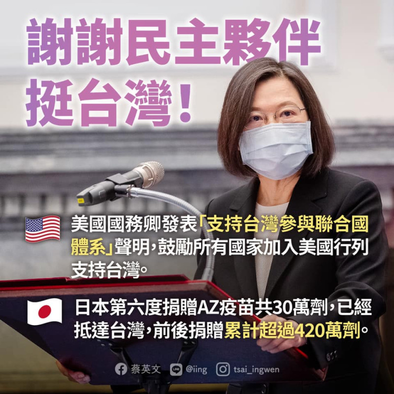 蔡英文在臉書發文感謝「民主夥伴挺台灣！」   圖：翻攝蔡英文臉書