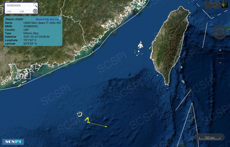 北京大學旗下智庫《南海戰略態勢感知》計劃平台(SCSPI)PO出最新航路圖，指美軍探路者級(Pathfinder class)海洋調查船「瑪麗希爾斯號(T-AGS-65)」，25及26日出現在台灣東沙島外海約15海浬(約27公里)處，進行了一次「快速調查」。   圖：翻攝SCS Probing Initiative推特