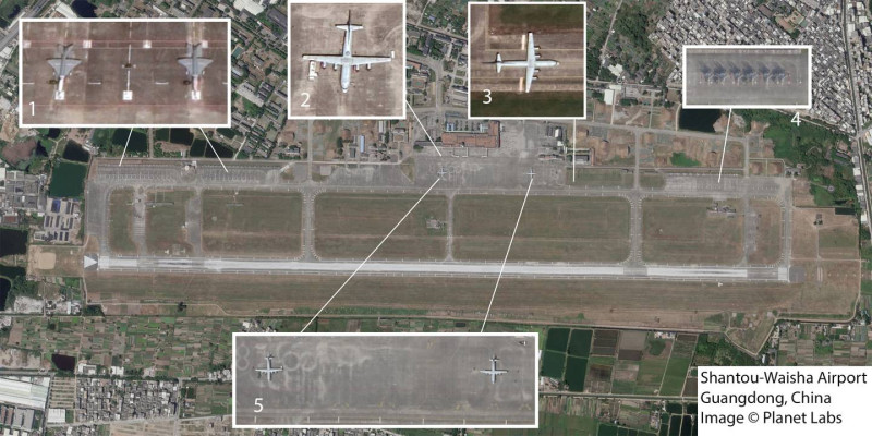 中國靠近台灣的機場，常見殲-16的部署。4.2021年9月2日6架「蘇-30」、「殲-11」、「殲-16」；5.2021年10月27日「KQ-200」。   圖：翻攝Planet Labs