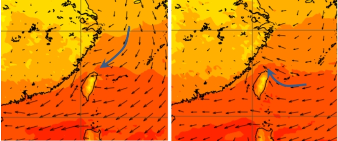 最歐洲(ECMWF)模式，模擬下週三(3日)20時地面風場，仍盛行「東北季風」(左)；下週四(4日)20時已轉為東南風(右)。   圖/「三立準氣象．老大洩天機」專欄