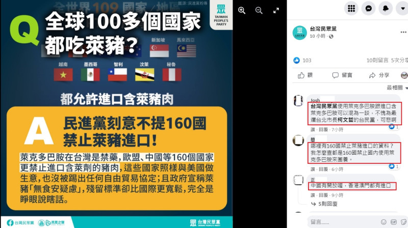 台灣民眾黨在臉書批評民進黨「刻意不提160國禁止萊豬進口」，反遭到網友打臉（紅框處），把使用與進口混為一談。   圖：翻攝自台灣民眾黨臉書