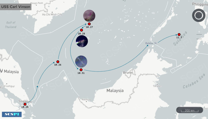 中國智庫「南海戰略態勢感知計畫平台」繪製簡圖標註「卡爾文森號」10月24日進入南海後航行路線圖。   圖：翻攝SCS Probing Initiative推特