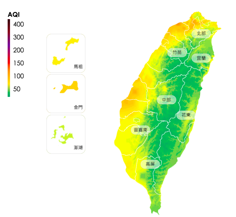 環保署空氣品質指標（AQI）圖顯示，西半部「一片橘」。   圖：擷取自行政院環境保護署